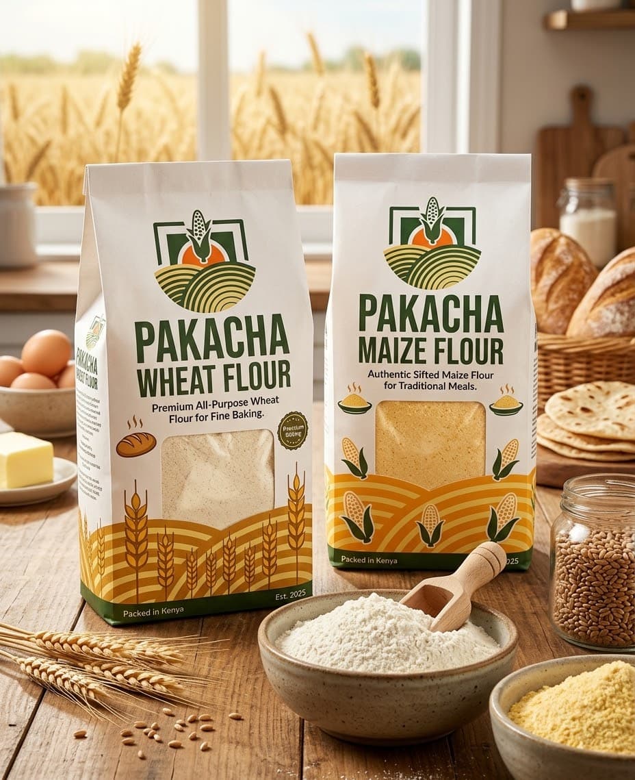 Pakacha wheat flour and maize flour packs with a bowl of flour