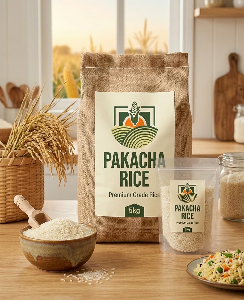 Pakacha rice packs displayed with a bowl of rice
