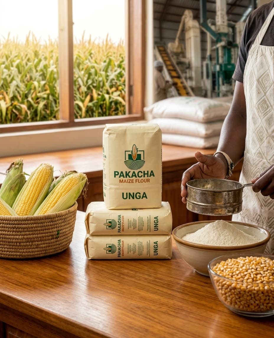 Pakacha maize flour pack displayed with maize and flour