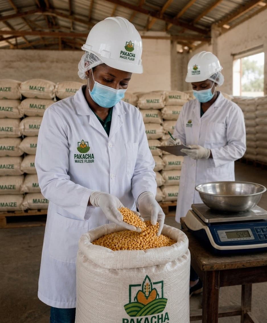 Pakacha workers checking maize kernels during quality control