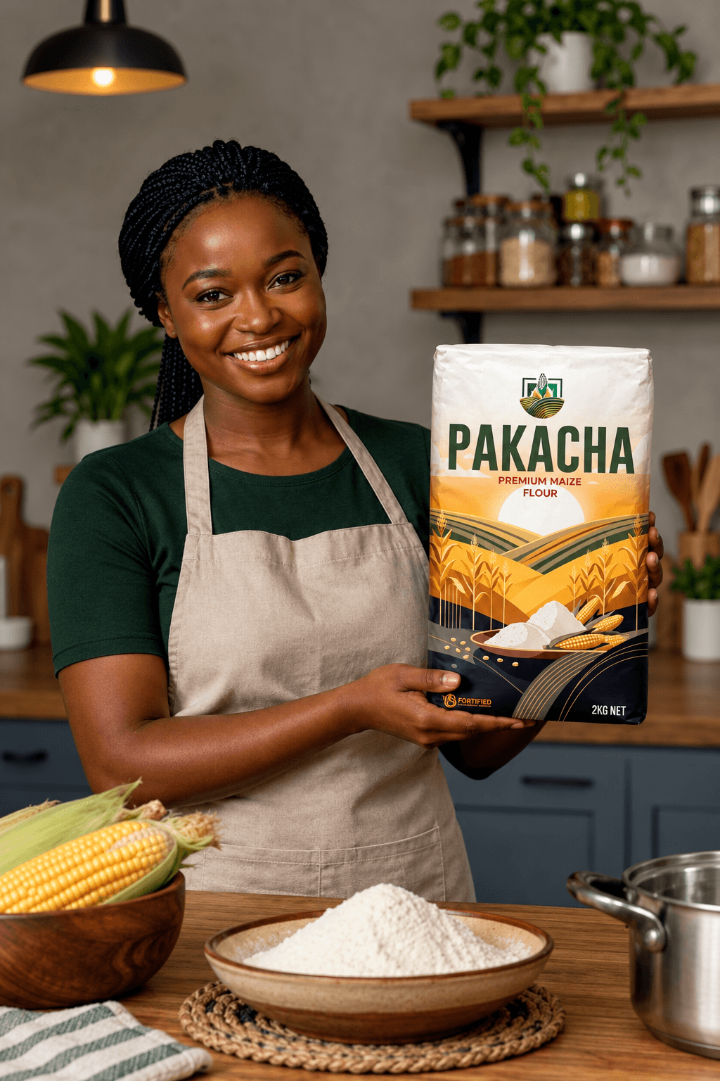 A woman holding a pack of Pakacha maize flour