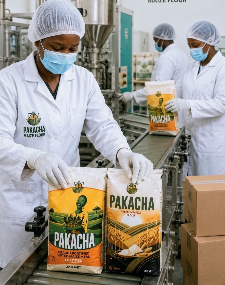 Pakacha staff checking packs of fortified maize flour on the packing line
