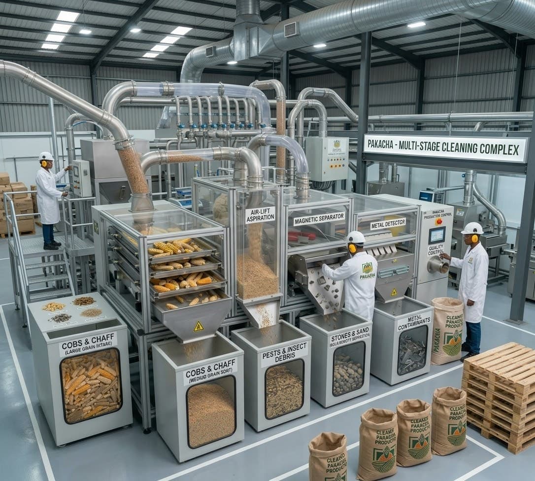 Pakacha's multi-stage cleaning line separating cobs, chaff, stones and metal from the grain