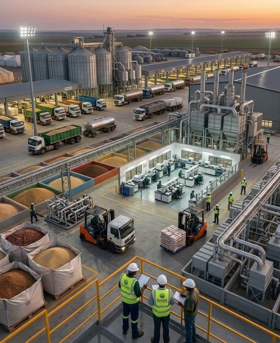 Supervisors checking incoming grain at the Pakacha intake yard, with trucks and silos behind