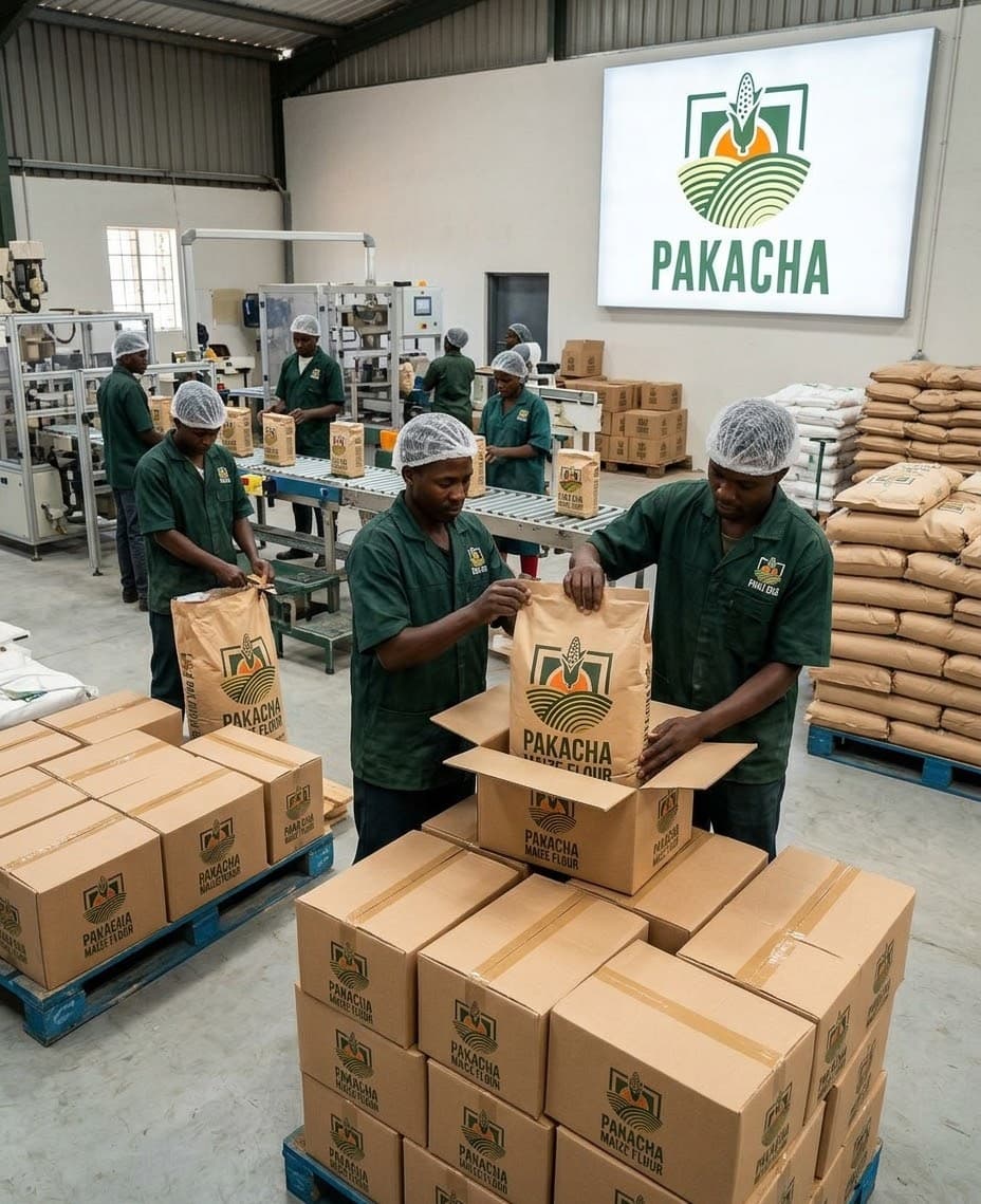 Pakacha workers packing bags of maize flour into branded cartons