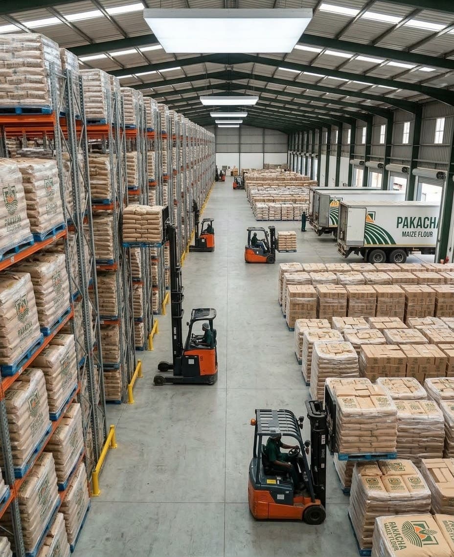 Forklifts moving palletised sacks through the Pakacha storage warehouse