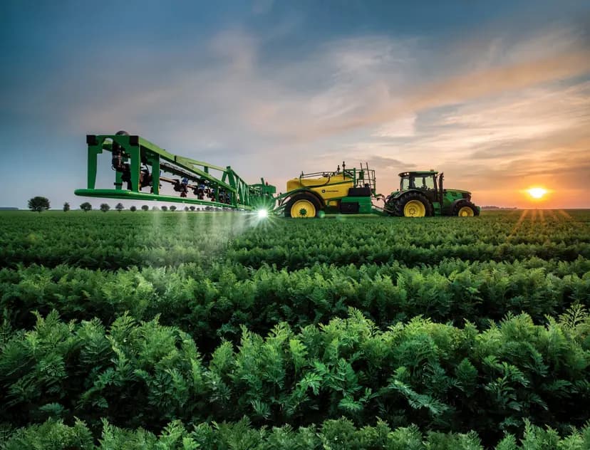 A tractor and sprayer working a green crop field at sunset