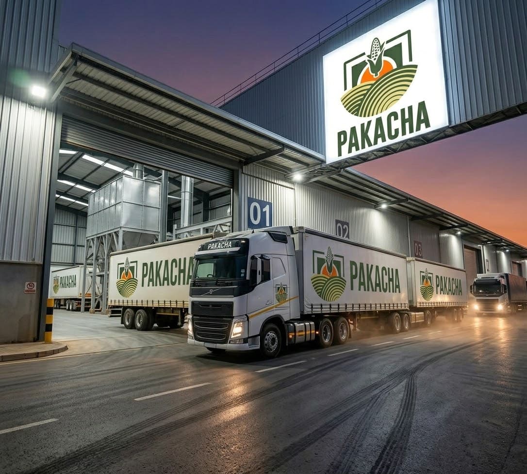 Pakacha trucks at the loading bays of the Pakacha factory at dusk