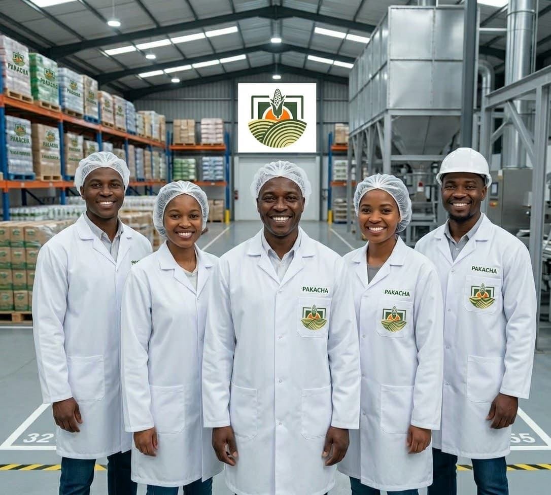 Five members of the Pakacha team in white coats on the factory floor